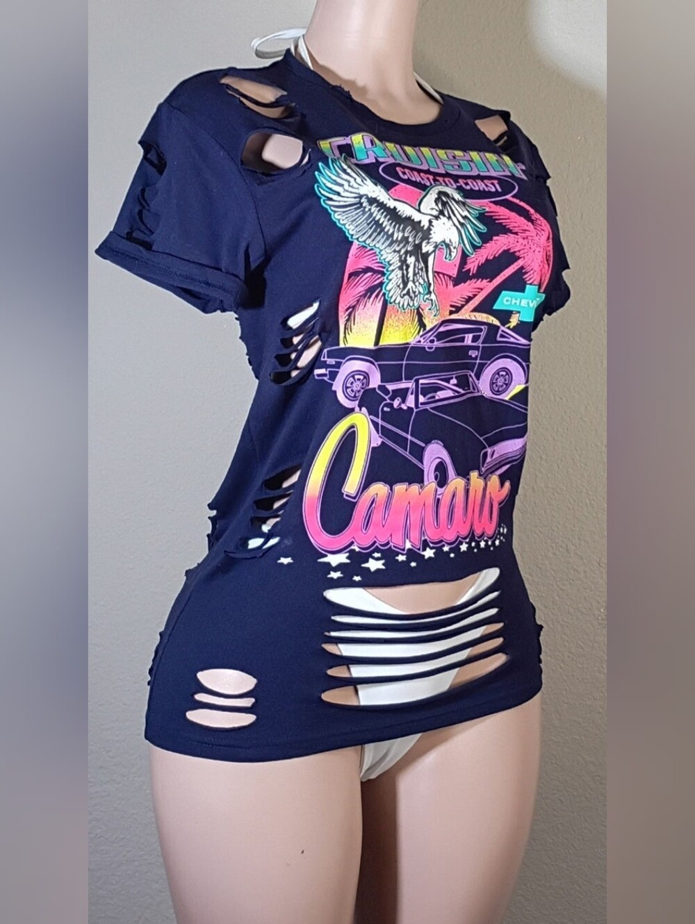 Navy Camaro Custom Graphic Distressed Women’s Tee - Picture 3 of 7